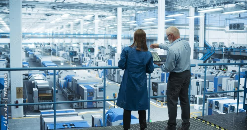 Poster male and female engineers standing with their back to camera, using laptop computer and talking in a