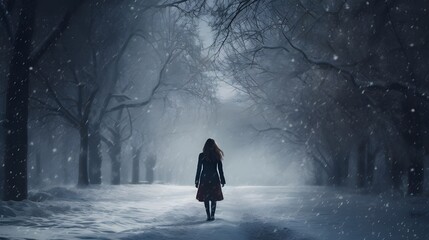 Person walking in the snow, girl standing in the middle of forest, winter background - Powered by Adobe