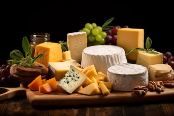 High resolution photograph of cheese arranged on a rustic wooden board. Generative AI