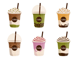 Set of plastic glasses with different types of cold drinks. Take away. Vector graphic.