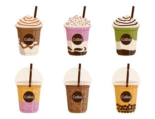 Set of plastic glasses with different types of cold drinks. Take away. Vector graphic.