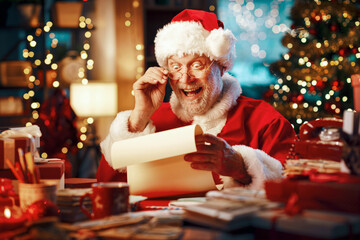 Cheerful Santa Claus reading letters
