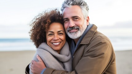 Middle-aged multiethnic loving couple hugging tenderly during an evening walk on the beach. Adult couple with love stronger over years nurtured by wonderful shared experience