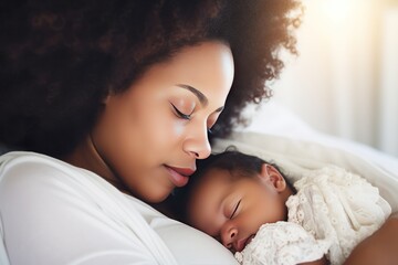 Lovely African American mom shares moment with child nestled in arms in tender care and warmth. Loving black mom holds baby close in moment filled with tenderness with affection creating memory - obrazy, fototapety, plakaty