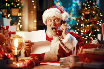 Angry Santa Claus shouting on the phone - obrazy, fototapety, plakaty