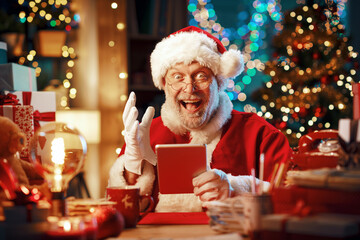Happy Santa Claus using a digital tablet at home - Powered by Adobe