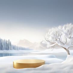 Empty gold podium with snowy trees, lake, nature landscape. calm and elegant winter atmosphere. Mockup for product presentation, branding, packaging, marketing, web, banner, editorial, print.