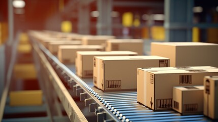 Obraz premium Packages on a conveyor belt in a warehouse