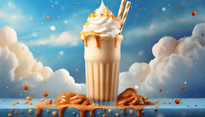 Caramel Milkshake with whipped  cream on a Dreamy Background | Ai generated