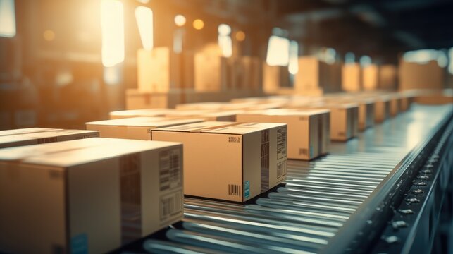 Packages on a conveyor belt in a warehouse