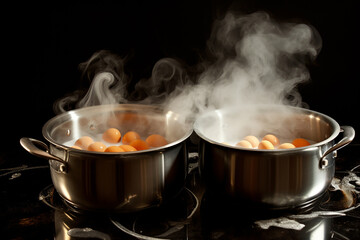The close up of the egg being cooked in a metal cookware pot in the kitchen. The boiled egg in the hot water. Generative AI.