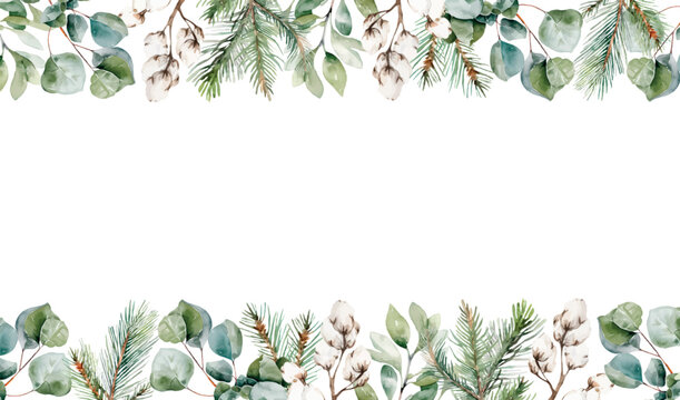 Watercolor vector Christmas card with fir branches and eucalyptus leaves. Template space for text, message, sign for greeting cards, invitation, wedding card, celebration, banner, print