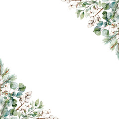 Watercolor winter plants frame. Floral in corners. Watercolor vector botanical hand drawn, isolated on white background. Template space for text, message, sign for greeting cards, invitation, wedding 