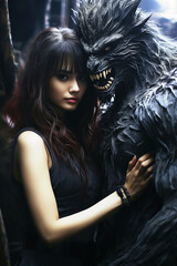 scary werewolf monster hugs beautiful girl in forest. The cover of the horror book of a romantic novel - obrazy, fototapety, plakaty