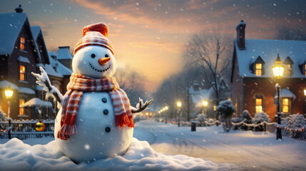 Obraz premium Beautiful snowman postcard against the background of houses