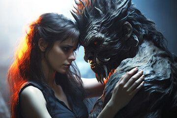 monster werewolf hugs girl in forest with fog - obrazy, fototapety, plakaty