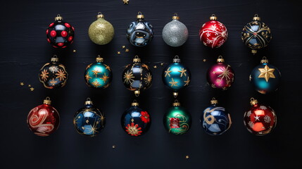 Christmas balls on a dark background top view