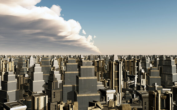 Wolkenfront und Stadt mit futuristischen Gebäuden