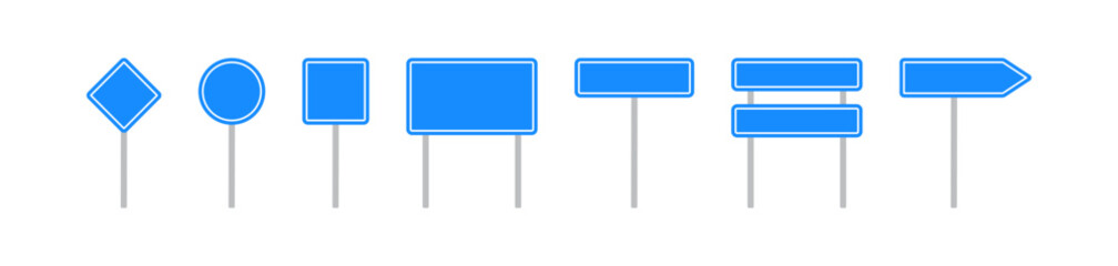 Road signs icon. Street board symbol. Traffic signpost signs. Direction highway symbols. Signage icons. Blue color. Vector sign.