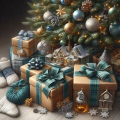 Naklejka na ściany i meble new year, gifts, Christmas tree, realism