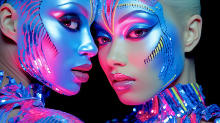 Obraz premium TWO UNUSUAL DISCO DANCERS IN UV COSTUMES. NIGHT CLUB. legal AI