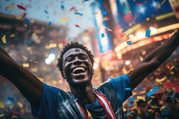 Euphoric Black Man Celebrating His Team's Victory with Club Flag and Confetti on the Street