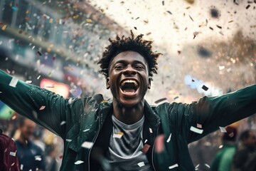 Euphoric Black Man Celebrating His Team's Victory with Club Flag and Confetti on the Street
