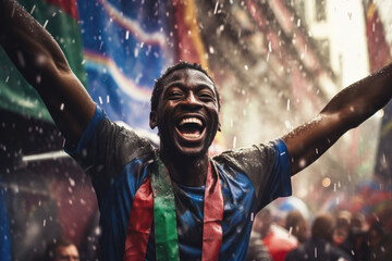 Euphoric Black Man Celebrating His Team's Victory with Club Flag and Confetti on the Street - obrazy, fototapety, plakaty