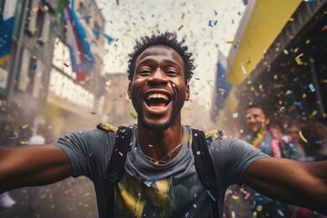 Euphoric Black Man Celebrating His Team's Victory with Club Flag and Confetti on the Street