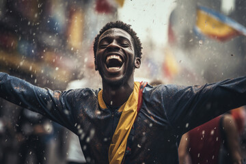 Euphoric Black Man Celebrating His Team's Victory with Club Flag and Confetti on the Street - Powered by Adobe
