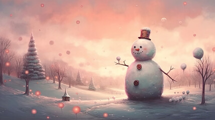 Snowman in a winter wonderland with a hint of pink in the sky. - obrazy, fototapety, plakaty