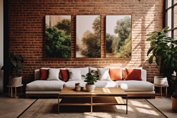 Obraz premium Modern Living Room with Brick Wall, Flower Decor, and Stylish Gray Sofa.