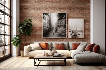 Modern Living Room with Brick Wall, Flower Decor, and Stylish Gray Sofa.