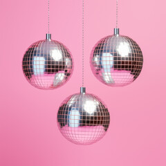 Three Xmas discoball style ornaments, shiny tree decoration. Xmas and New Year theme. Party concept