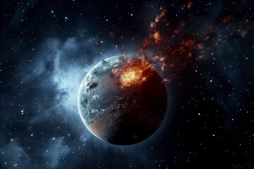 Dramatic Space Scene: Blue and Grey Planet with Fiery Explosion Against a Starry Sky, ai generative