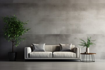 Modern Grey Living Room with Concrete Table and Plants