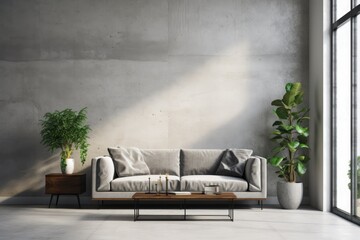Modern Grey Living Room with Concrete Table and Plants