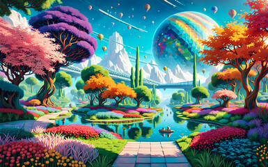 Obraz na płótnie Canvas Fantastic multicolored bright landscape. AI