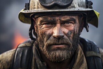 Obraz premium Dirty and Exhausted Firefighter After Firefighting Action