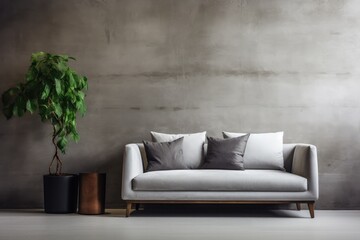 Modern Grey Living Room with Concrete Table and Plants