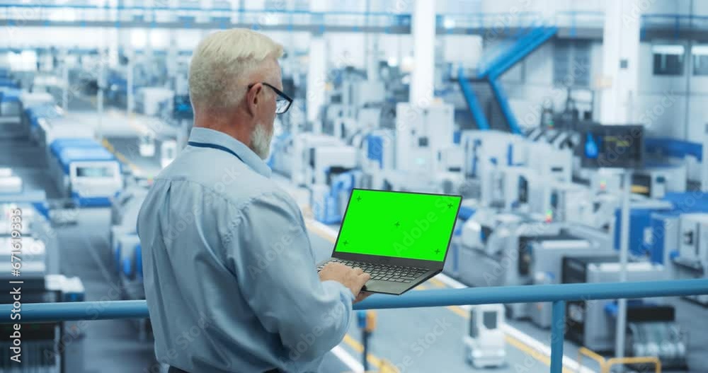 Poster Technician Using Laptop Computer with Green Screen Chromakey Mock Up Display and Looking Around a Factory Facility with Modern Machines Producing Electronic Components for Tech Industries