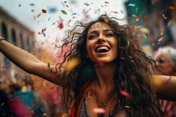Fototapeta premium Happy Girl Celebrating at LGBTQ Parade with Flag and Confetti