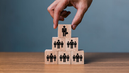 Organization and team structure symbolized with cubes, leadership manager team of company, business organizational hierarchy job concept, president job change control - obrazy, fototapety, plakaty