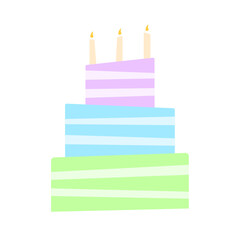 Simple three-tiered birthday cake on a white isolated background, vector illustration of a colorful cake, minimalistic cake with three candles, dessert, baking, 10 eps