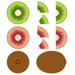 Set of illustrations with green and red kiwi. Isolated vector objects on white background.
