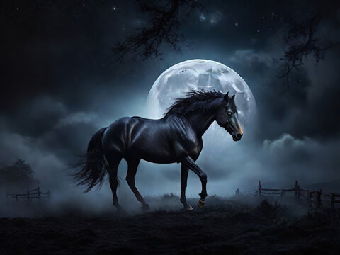 A black wild horse. night landscape. AI