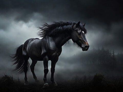 A black wild horse. night landscape. AI