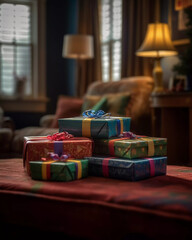 Naklejka na ściany i meble Unwrapping Holiday Magic: A Glimpse into the Spectacular World of Christmas Gifts Beneath the Tree!