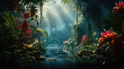 The jungle is filled with flowers and plants, AI