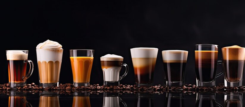 Coffee varieties displayed on a black mirror backdrop cappuccino americano latte macchiato coffee beans